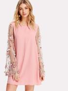 Romwe Flower Embroidery Pompom Detail Sleeve Dress