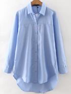 Romwe Blue Button Up High Low Blouse