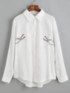 Romwe White High Low Embroidered Shirt