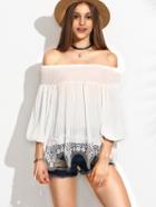Romwe White Lace Trim Smocked Off The Shoulder Pleated Top
