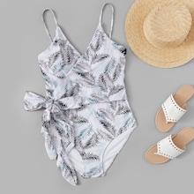 Romwe Plus Leaf Print Knot Swimsuit