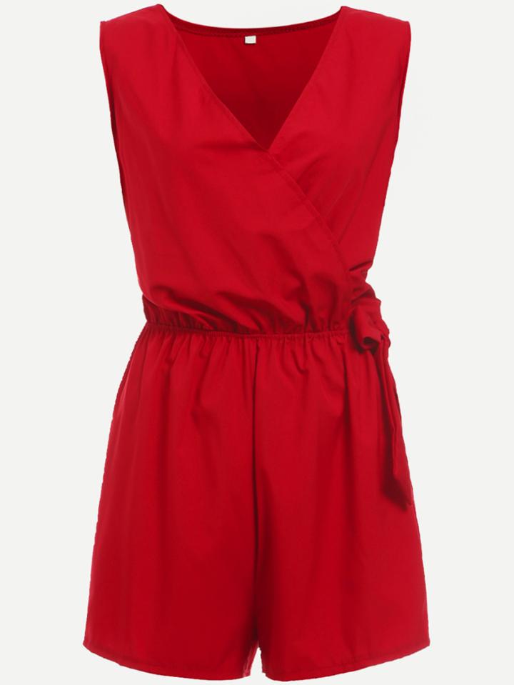 Romwe Red Surplice Front Self Tie Romper