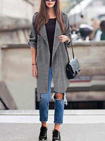 Romwe Grey Lapel Long Sleeve Loose Coat