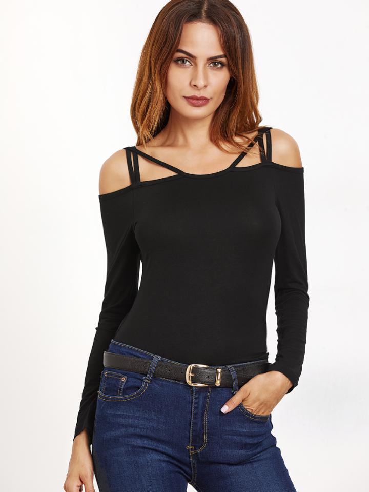 Romwe Black Strappy Cold Shoulder Slim Fit T-shirt