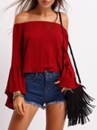 Romwe Burgundy Off The Shoulder Bell Sleeve Top
