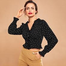 Romwe Ruffle Detail Polka Dot V-neck Top