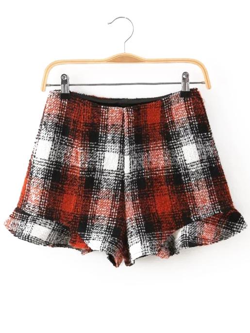 Romwe Plaid Ruffle Red Shorts
