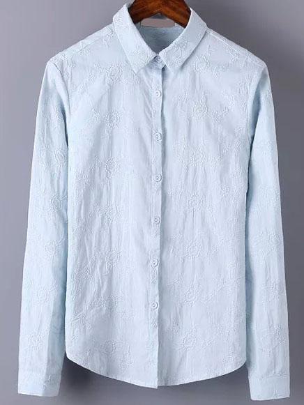 Romwe Flower Embroidery Blue Blouse
