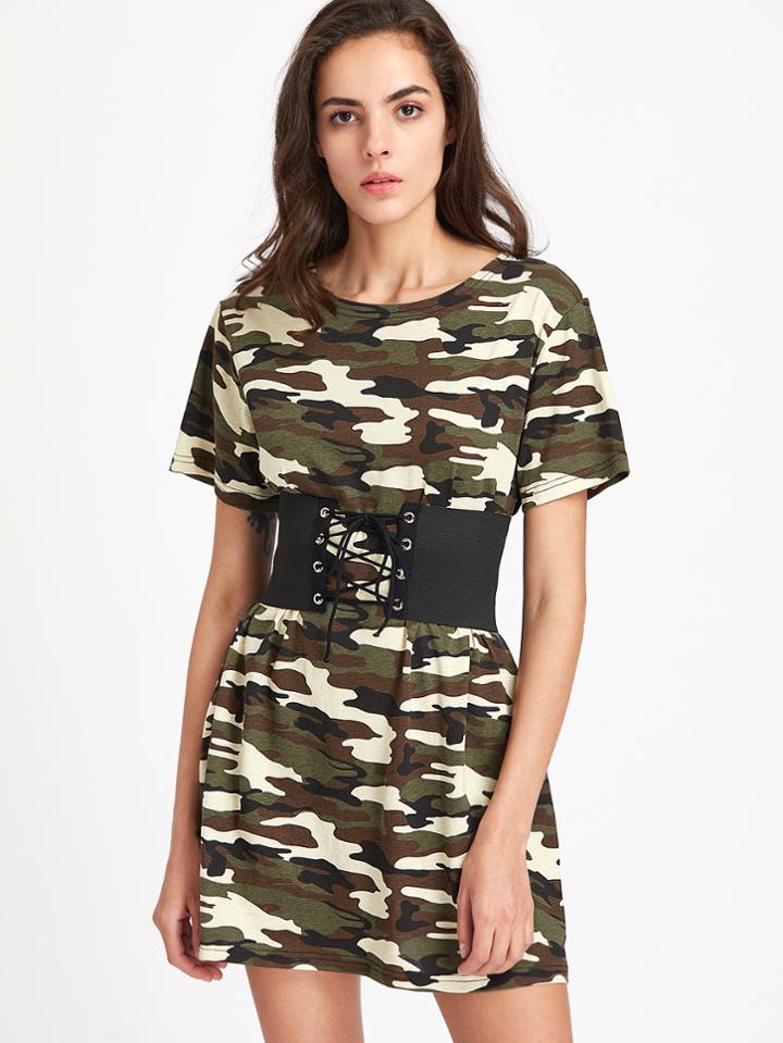 Romwe Corset Belt Camo Tee Dress