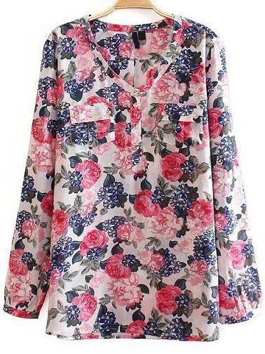 Romwe V Neck Florals Pockets Red Blouse