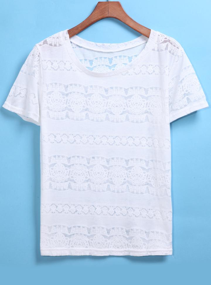 Romwe Round Neck Lace Embroidered T-shirt