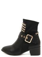 Romwe Black Faux Leather Spiked Buckle Chunky Heel Boots