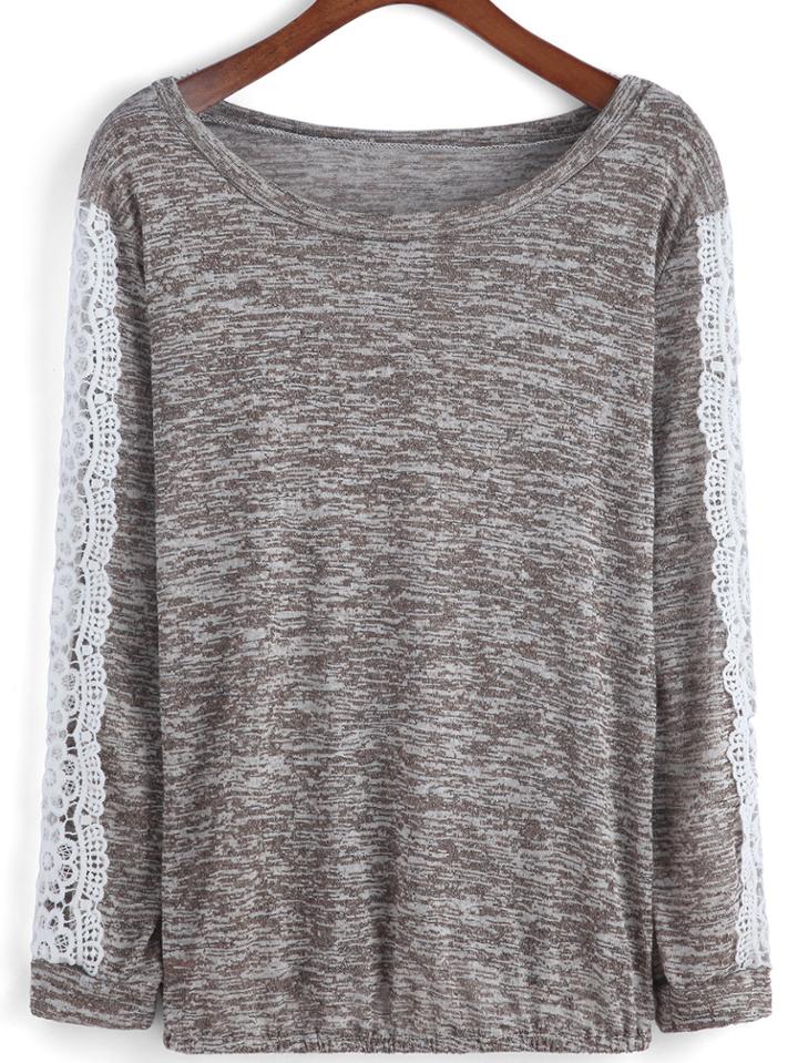 Romwe Long Sleeve Contrast Lace T-shirt