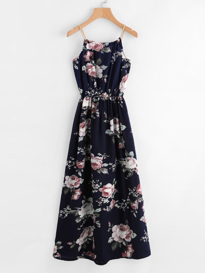 Romwe All Over Florals Faux Pearl Detail Cami Dress