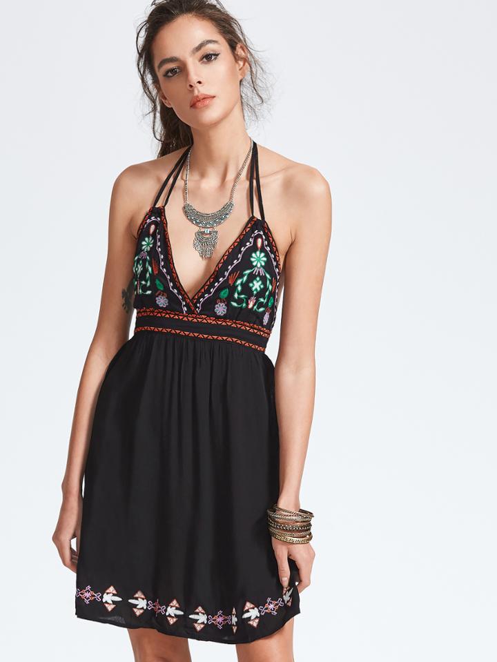 Romwe Black Halter Neck Embroidered Backless A-line Dress