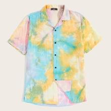 Romwe Guys Button Up Notched Tie Dye Shirt