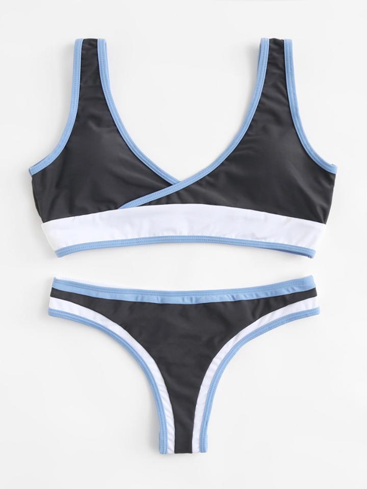 Romwe Contrast Piping Bikini Set