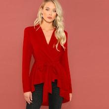 Romwe Surplice Wrap Self Belted Dip Hem Coat