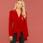 Romwe Surplice Wrap Self Belted Dip Hem Coat
