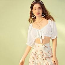 Romwe Frill Trim Bishop Sleeve Tie Front Crop Blouse
