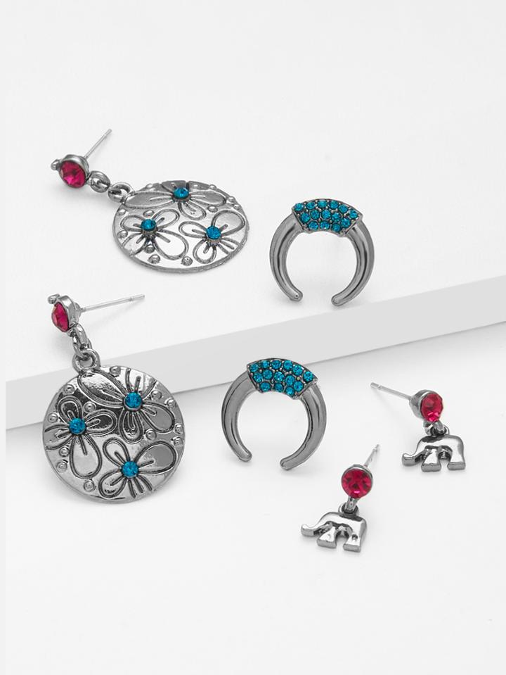 Romwe Elephant & Horn Design Earring Set 3pairs