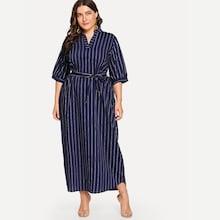 Romwe Plus Split Striped Belted Dress