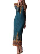 Romwe Long Sleeve Embroidered Slim Blue Dress