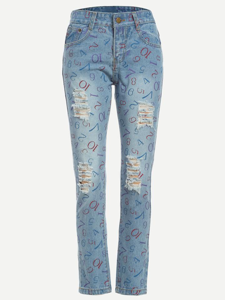Romwe Blue Number Print Ripped Jeans