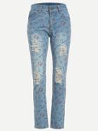 Romwe Blue Number Print Ripped Jeans