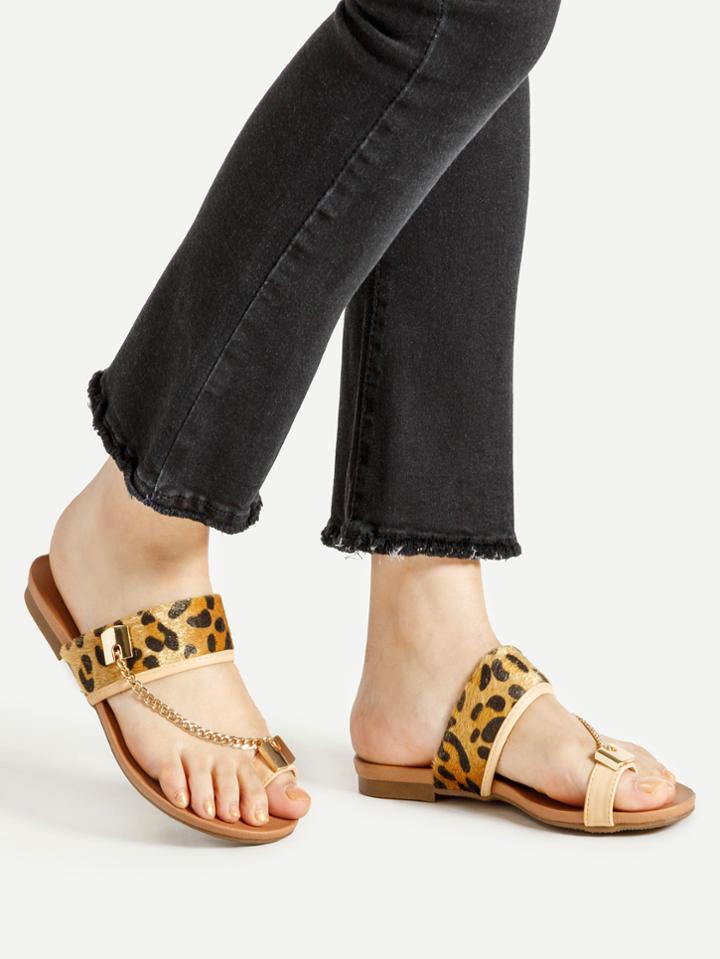 Romwe Leopard Toe Ring Flat Sandals