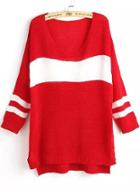 Romwe V Neck Dip Hem Striped Red Sweater