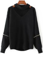 Romwe Black Choker V Neck Zipper Detail Sweater