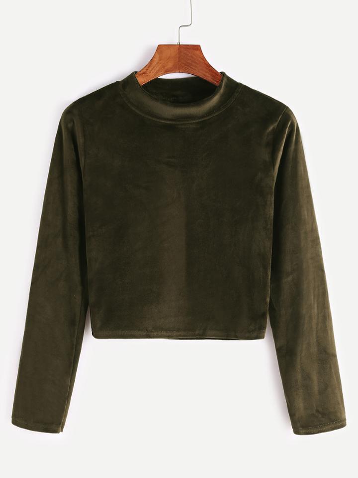 Romwe Army Green Velvet Crop T-shirt