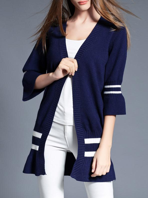 Romwe Navy V Neck Striped Knit Cardigan