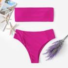 Romwe Neon Pink Bandeau With High Waist Bikini Set
