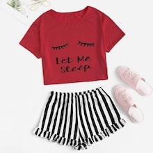 Romwe Letter Print Tee & Striped Flounce Hem Shorts Pj Set