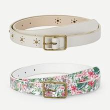 Romwe Floral Pattern & Square Buckle Skinny Belt 2pack