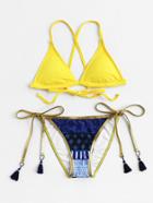 Romwe Self Tie High Leg Tassel Trim Bikini Set