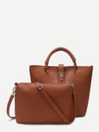 Romwe Khaki Faux Leather Tote Bag With Crossbody Bag