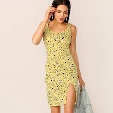 Romwe Ditsy Floral Print Frilled Trim Slit Hem Dress