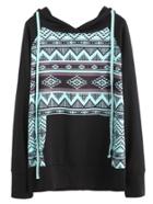 Romwe Black Graphic Print Raglan Sleeve Hooded Sweatshirt