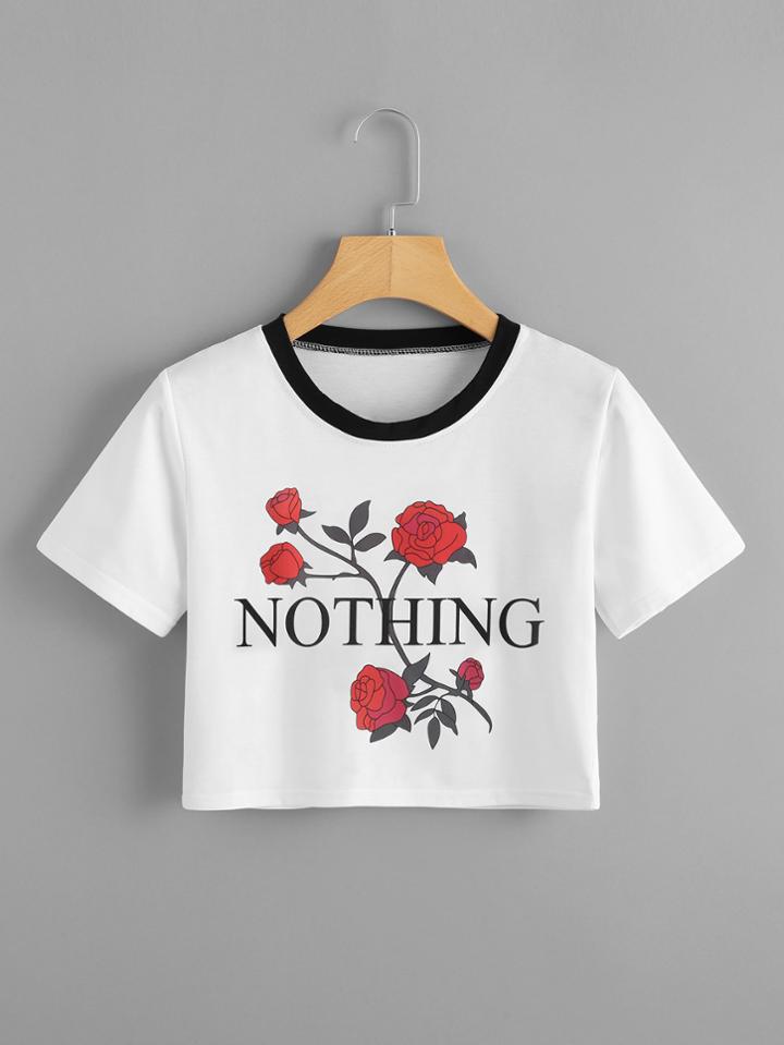 Romwe Letter Print Floral Crop Tee