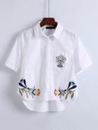 Romwe Flower Embroidery Pocket High Low Blouse
