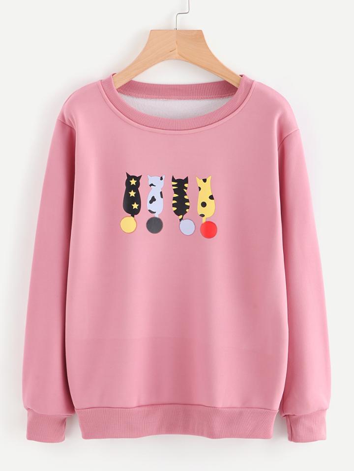Romwe Cat Print Thicker Sweatshirt
