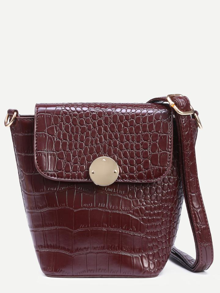 Romwe Burgundy Crocodile Embossed Flap Bucket Crossbody Bag