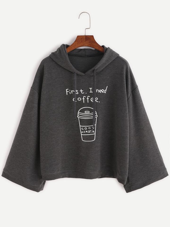 Romwe Dark Grey Coffee Cup Print Hooded Sweatshirt
