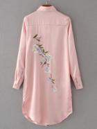 Romwe Pink Embroidered Back Slit Side Shirt Dress