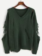Romwe Dark Green V Neck Distressed Sweater