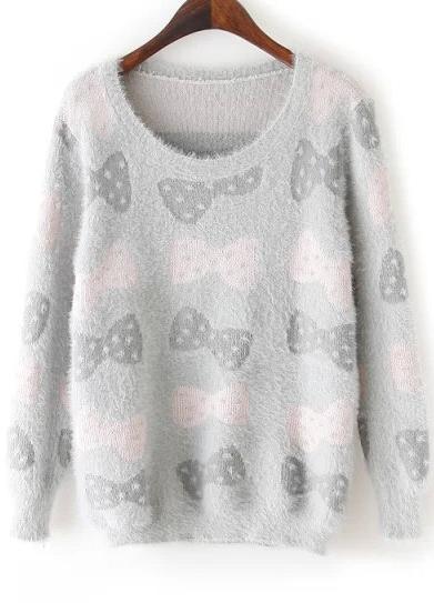 Romwe Bow Print Loose Grey Sweater