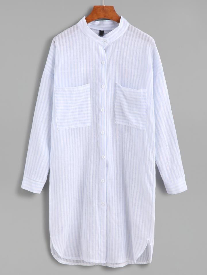 Romwe Light Blue Striped Slit Side Pockets Shirt Dress